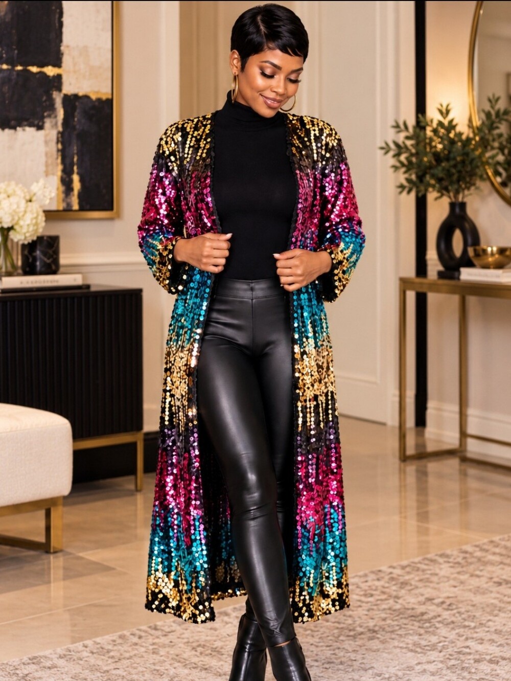 Rainbow Sequin Duster Cardigan Jacket Medium Open Front Glam Festival Party